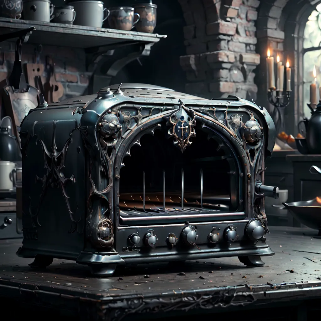 The image is a dark and moody still life of a toaster. The toaster is made of metal and has a gothic design. It is sitting on a wooden table in front of a brick wall. There are candles burning on the wall behind the toaster. The toaster is the main focus of the image and is in the center of the frame. The toaster is dark and mysterious, and the candles add a sense of atmosphere. The image is well-lit and the colors are vibrant. The overall effect is one of intrigue and mystery.