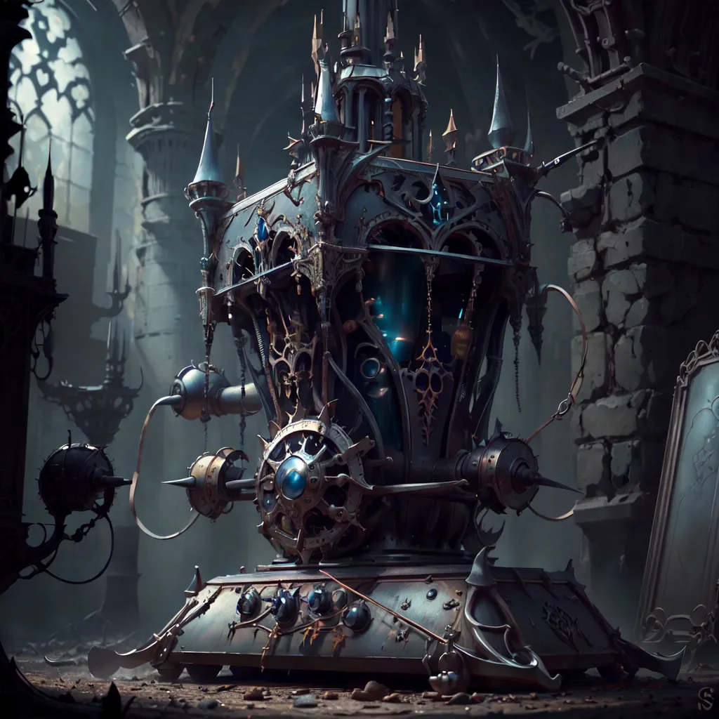 The image is a dark and mysterious chamber. In the center of the chamber is a large, ornate machine. The machine is made of metal and has many gears and cogs. It is also covered in strange symbols. The machine is surrounded by candles and there is a large mirror on the back wall of the chamber.