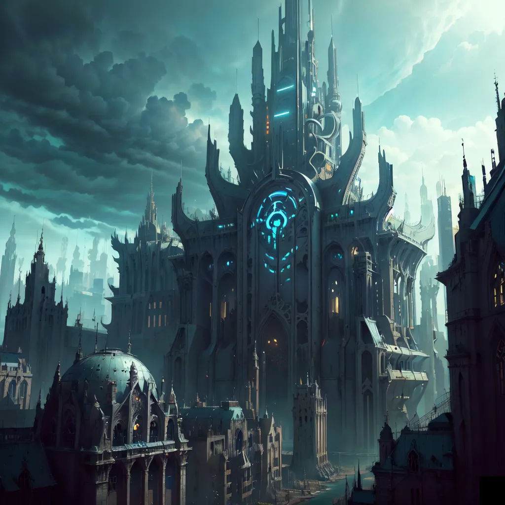 The image is a dark fantasy cityscape. There is a large castle or cathedral in the center of the image, with smaller buildings surrounding it. The buildings are all made of dark stone and have a gothic style. The sky is dark and cloudy, and there is a river running through the city.