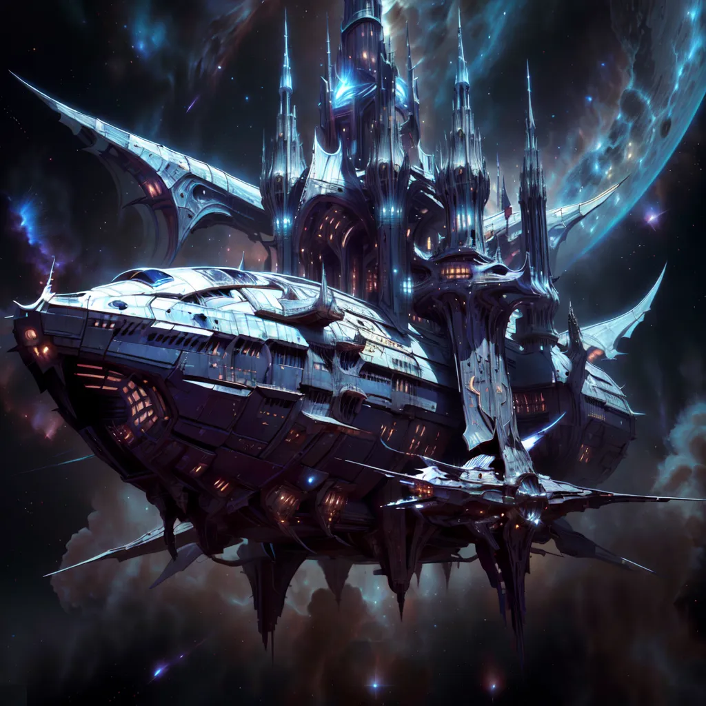 The image shows a large spaceship that looks like a Gothic cathedral. It has many spires and towers, and its hull is decorated with intricate carvings. The ship is flying through a star field, and there are several planets in the background. The ship is very large, and it is clear that it is very powerful. It is also very beautiful, and it is clear that a lot of thought and care went into its design.