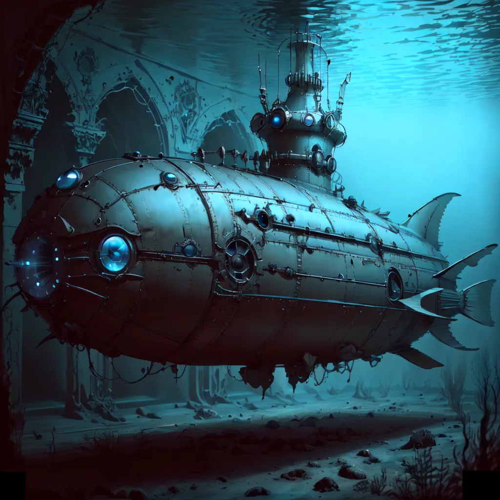 The image shows a steampunk submarine exploring an underwater city. The submarine is made of metal and has a large porthole on the front. It is also equipped with a variety of weapons, including a cannon on the top and a torpedo launcher on the side. The submarine is surrounded by the ruins of the city, which are covered in seaweed and other marine life.