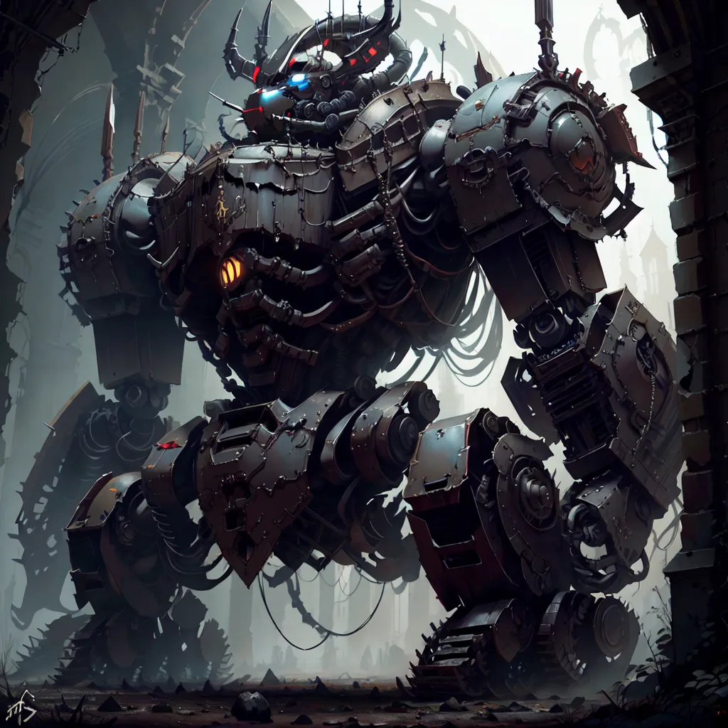 L'image est une illustration sombre et détaillée d'un mech steampunk. Le mech est fait de métal et a un corps rond et volumineux avec un seul œil. Il a quatre pattes et deux bras, chacun équipé d'une arme. Le mech se tient dans une ville en ruine, et il y a plusieurs autres machines steampunk en arrière-plan.