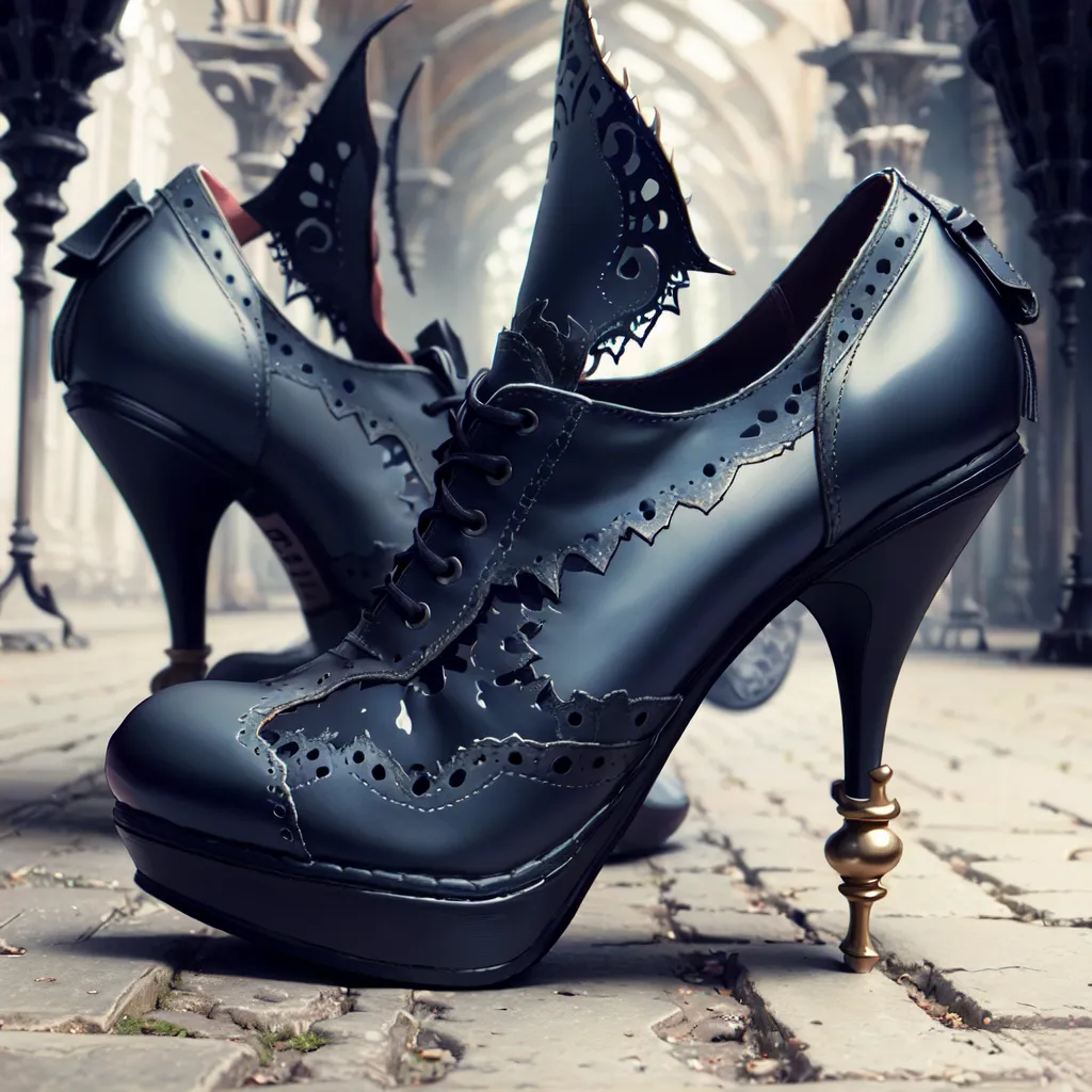 The image is a pair of black leather shoes with a steampunk style. The shoes have a high heel and a platform sole. The front of the shoes is decorated with intricate cut-out designs. The shoes are sitting on a cobblestone street.