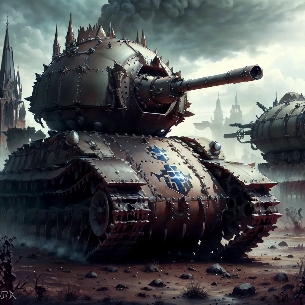 The image shows a large, heavily armored tank. The tank is made of metal and has a large cannon on its front. The tank is also covered in spikes and other sharp objects. There are several other tanks in the background of the image. The tanks are all parked in a large, open field. The sky is dark and cloudy.