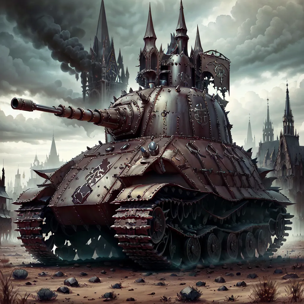 The image shows a large, heavily armored tank. The tank is made of metal and has a large cannon on its front. The tank is also decorated with spikes and other sharp objects. There are several buildings in the background of the image. The buildings are made of stone. There are also some trees in the background of the image. The sky is dark and cloudy.