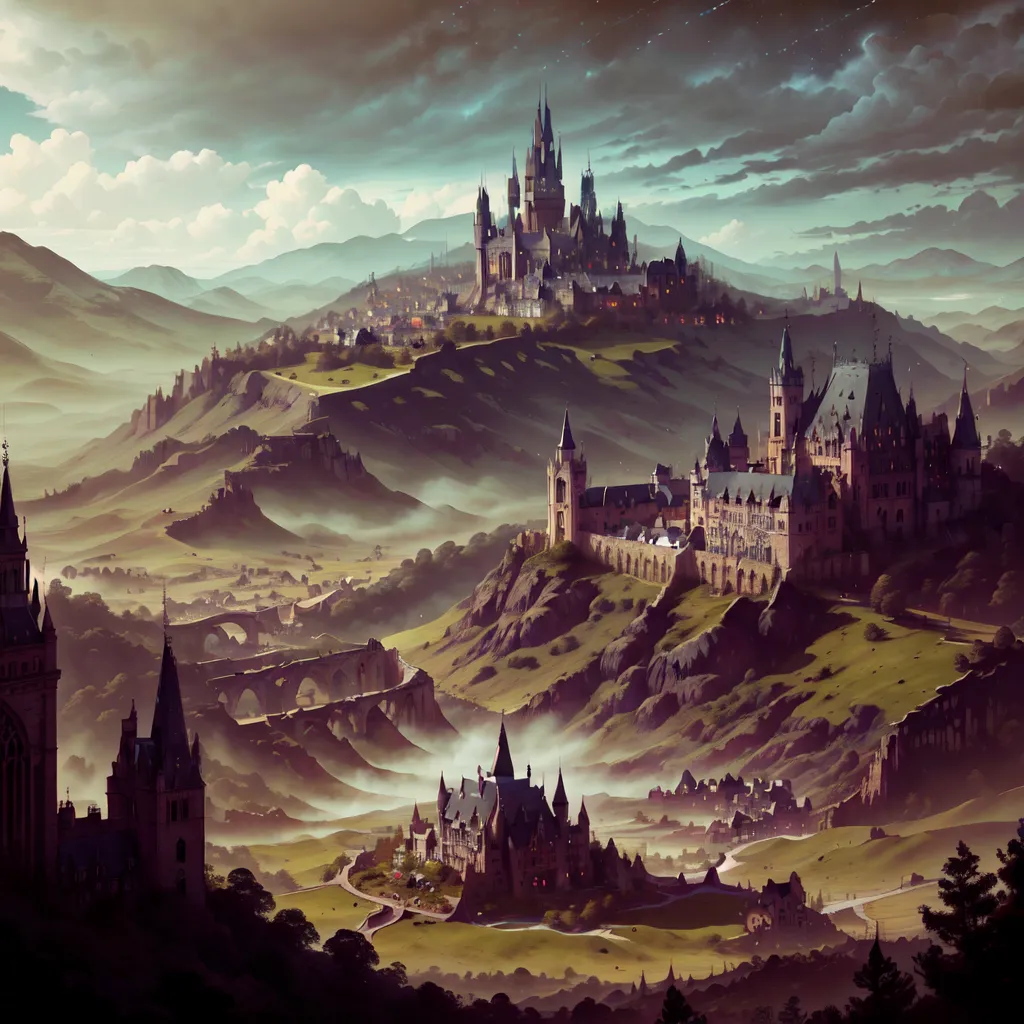 The image is of a fantasy landscape with a castle on a hill. The castle is surrounded by mountains and there is a river running through the valley. The sky is cloudy and there is a mist hanging over the valley. The castle is made of gray stone and has many towers and turrets. There are several buildings within the castle walls, including a large keep, a chapel, and a barracks. The castle is surrounded by a high wall and there is a gatehouse at the entrance.