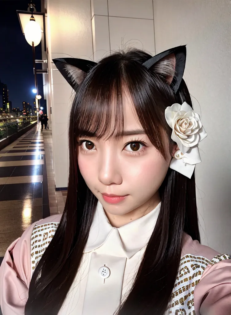 The image shows a young woman with long black hair and brown eyes. She is wearing a white blouse and a pink jacket. She has black cat ears on her head and a white rose in her hair. She is standing in a city street at night. There are street lights in the background.