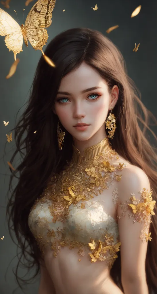 The picture shows a beautiful young woman with long brown hair and blue eyes. She is wearing a golden necklace and a golden dress with a white camisole. The dress is decorated with golden butterflies. There are also golden butterflies flying around her. The background is dark.