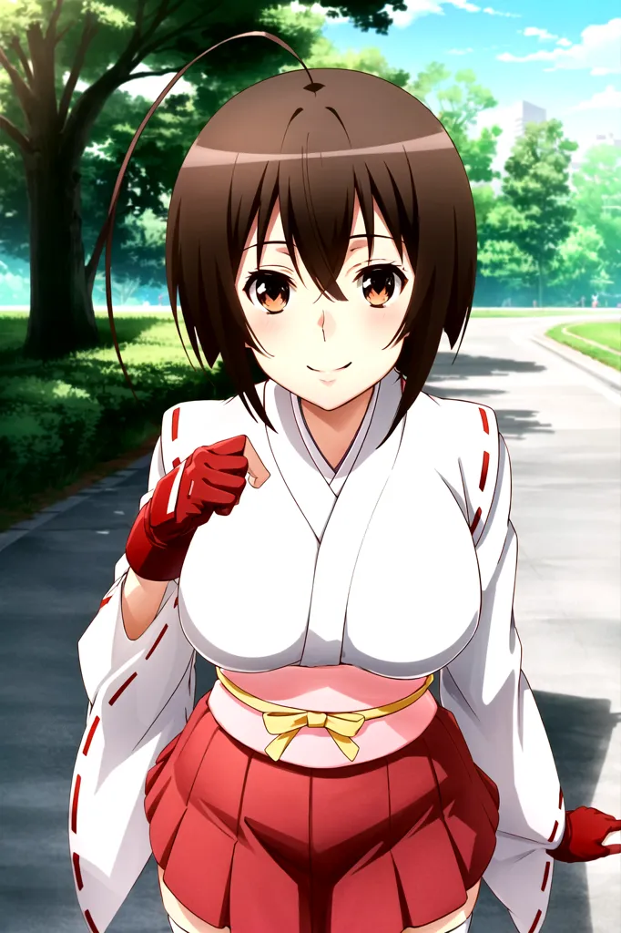 The image shows a young woman with brown hair and brown eyes. She is wearing a white and red kimono with a red and white obi. She is also wearing red gloves and has a yellow ribbon in her hair. She is standing in a park with trees in the background. She has a confident smile on her face and is looking at the viewer.