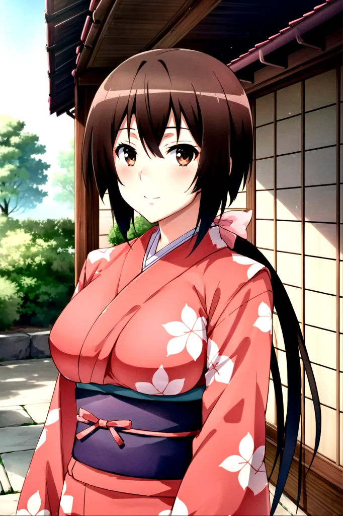 The image shows a young woman wearing a red kimono with white floral patterns and a purple obi. She has long brown hair and brown eyes, and her hair is tied in a ponytail with a pink ribbon. She is standing in front of a traditional Japanese house and there are trees and a stone path in the background. The overall appearance of the image is soft and pleasant.