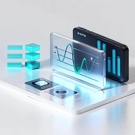 The image is of a futuristic data analysis platform. The platform consists of a large transparent screen with a blue background. On the left side of the screen, there are three blue rectangular blocks. In the middle of the screen, there is a large graph with a blue and green line. On the right side of the screen, there are three blue bars. Below the screen, there is a white table with a blue light on it.