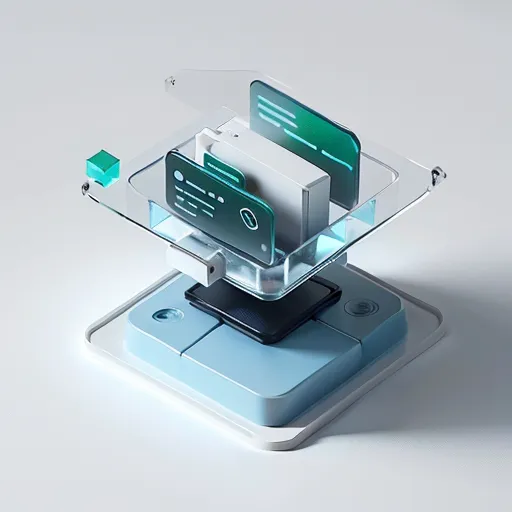 La imagen es un renderizado 3D de un teléfono inteligente. La perspectiva es desde un ángulo ligeramente elevado, y el dispositivo está inclinado ligeramente hacia la derecha. El teléfono inteligente está hecho de vidrio y metal, con una parte posterior azul y una pantalla negra. La pantalla está rodeada por un bisel estrecho y el dispositivo tiene un botón de inicio físico debajo de la pantalla. El dispositivo está sentado en un pequeño podio, que también está hecho de vidrio y metal. El podio tiene una base azul y una parte superior blanca, y está ligeramente elevado sobre el suelo. El dispositivo está conectado al podio por un cable de plástico transparente.

La imagen se establece contra un fondo blanco y no hay otros objetos en la escena. La iluminación es suave y uniforme, y no hay sombras. La imagen se representa en un estilo realista y las texturas son nítidas y detalladas.

El aspecto general de la imagen es limpio y moderno. El uso de vidrio y metal le da al dispositivo un aspecto premium, y las líneas sencillas y el diseño despejado lo hacen parecer fácil de usar. La imagen está bien iluminada y los colores son vibrantes, lo que la hace atractiva.