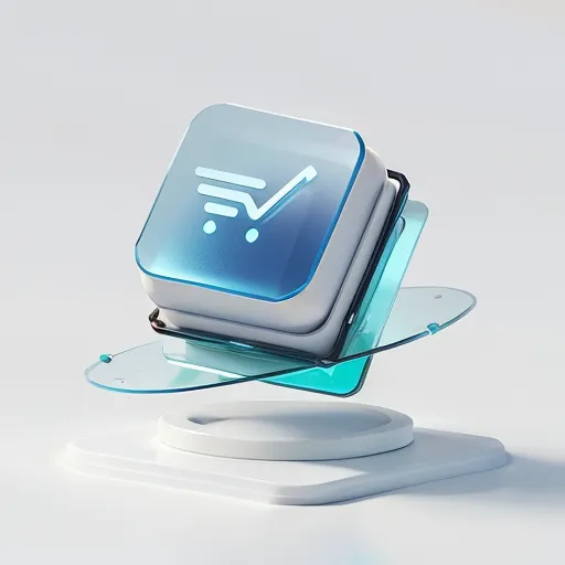 The image is a 3D rendering of a shopping cart icon. The icon is blue and has a white outline. It is placed on a white podium and there are two glass-like platforms beneath it. The background is white.