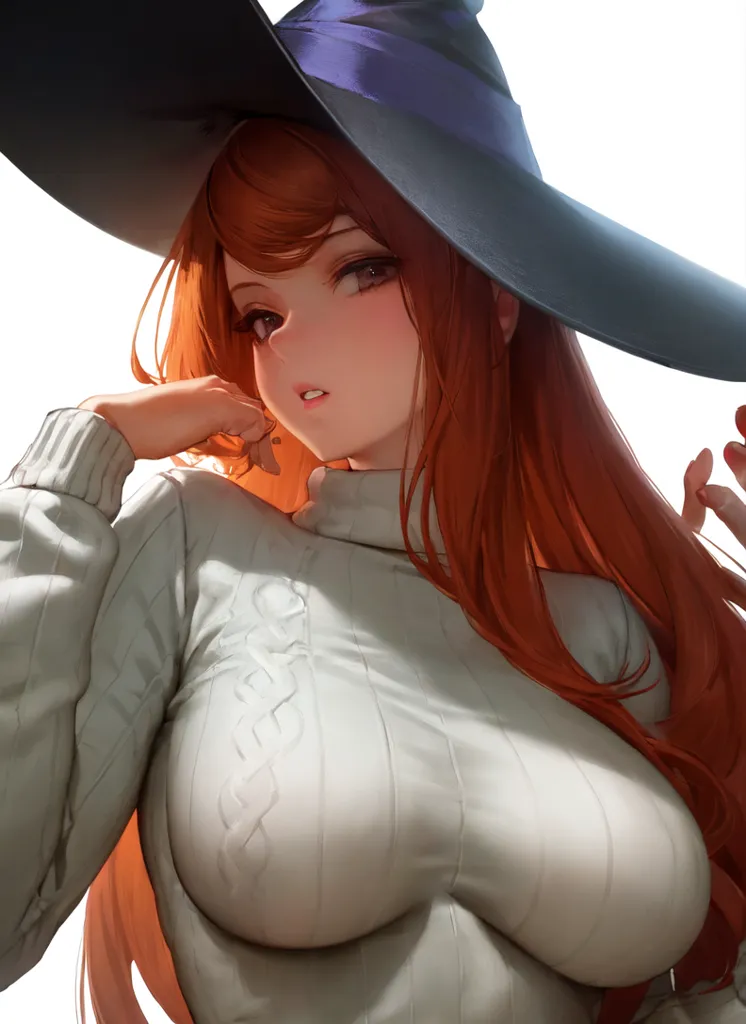 The image is of a young woman with long red hair and brown eyes. She is wearing a white turtleneck sweater and a black witch hat with a purple band. She has a thoughtful expression on her face and is looking to the left of the frame.