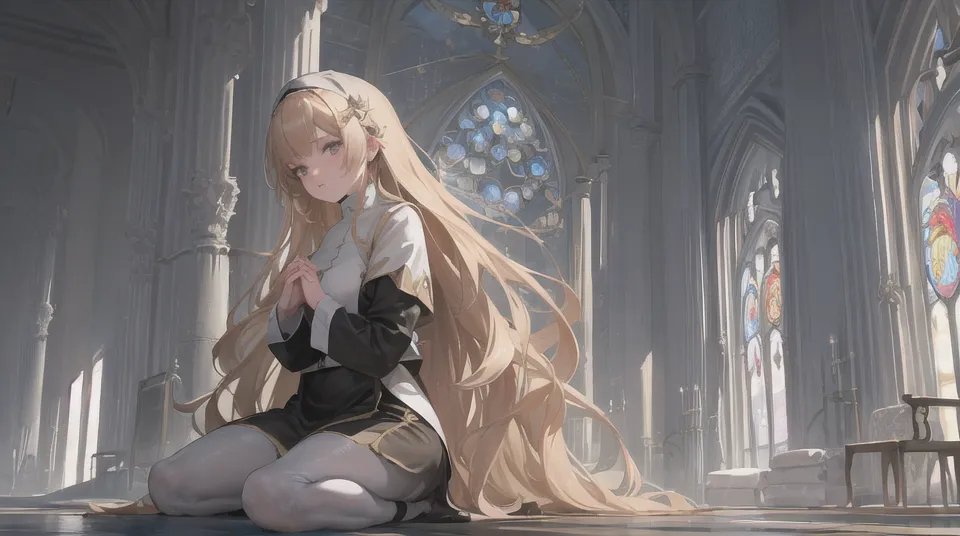 The image is of a young woman with long blonde hair and yellow eyes. She is kneeling on the floor of a church with her hands together in prayer. She is wearing a white and black nun's habit. The church is large and empty, with stained glass windows and ornate columns. The light from the windows is casting shadows on the floor. The woman's face is serene and peaceful. She is lost in prayer and at peace with herself.