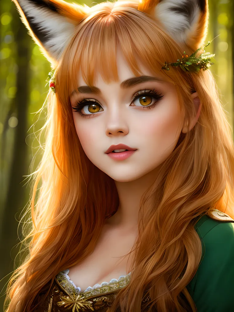 La imagen es un retrato de una hermosa mujer joven con cabello rojo largo y ondulado y orejas de zorro. Lleva un vestido verde con un camisón blanco y tiene una corona de flores y hojas en el cabello. El fondo es una escena borrosa de un bosque. Los ojos de la mujer son de un profundo color dorado, y su piel es clara y sin imperfecciones. Mira al espectador con una sonrisa suave en su rostro.