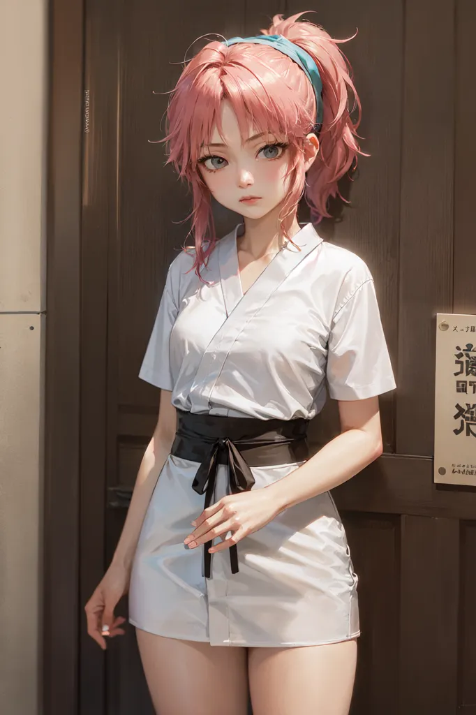 The image depicts a young woman standing in front of a door. She has pink hair tied in a ponytail, and is wearing a white kimono-style dress with a black obi sash. The woman's expression is serious and thoughtful.