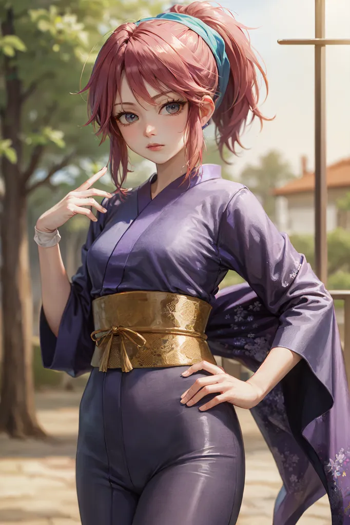 The image shows a young woman with pink hair and purple eyes. She is wearing a purple kimono with a golden obi and a white haori with floral patterns. She is standing in a garden with a blurred background.