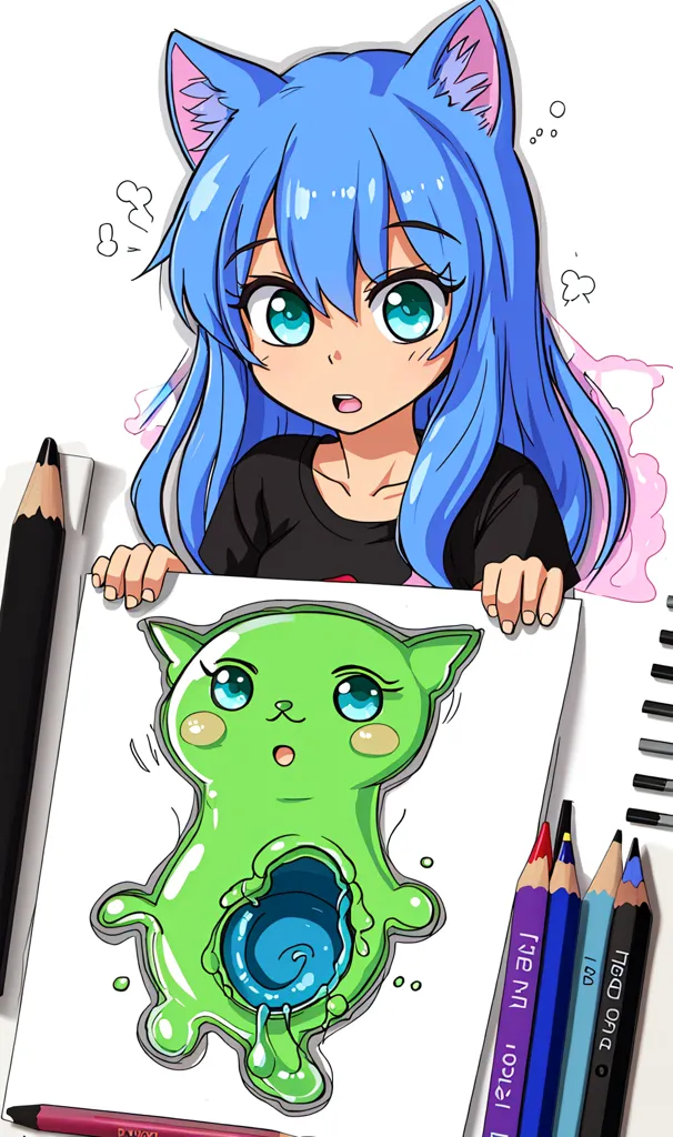 The image is of a girl with cat ears and blue hair holding up a drawing of a green cat-like creature with a large mouth and blue eyes. The girl is wearing a black shirt and has a surprised expression on her face. The drawing is done in a cartoon style and the colors are bright and vibrant. The girl is holding the drawing with both hands and her eyes are wide open. The background is white and there are no other objects in the image.