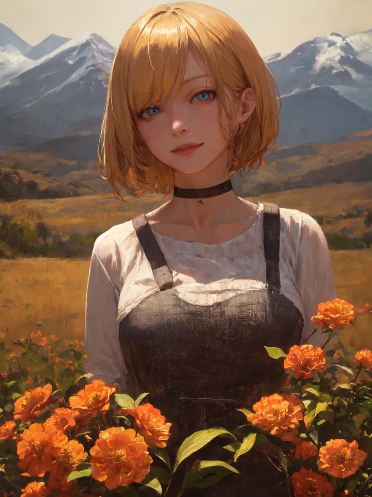 The image is a painting of a young woman standing in a field of flowers. The woman is wearing a white blouse and a black pinafore. She has short blonde hair and blue eyes. She is smiling and looking at the flowers. There are mountains in the background. The painting is done in a realistic style and the colors are vibrant and lifelike.