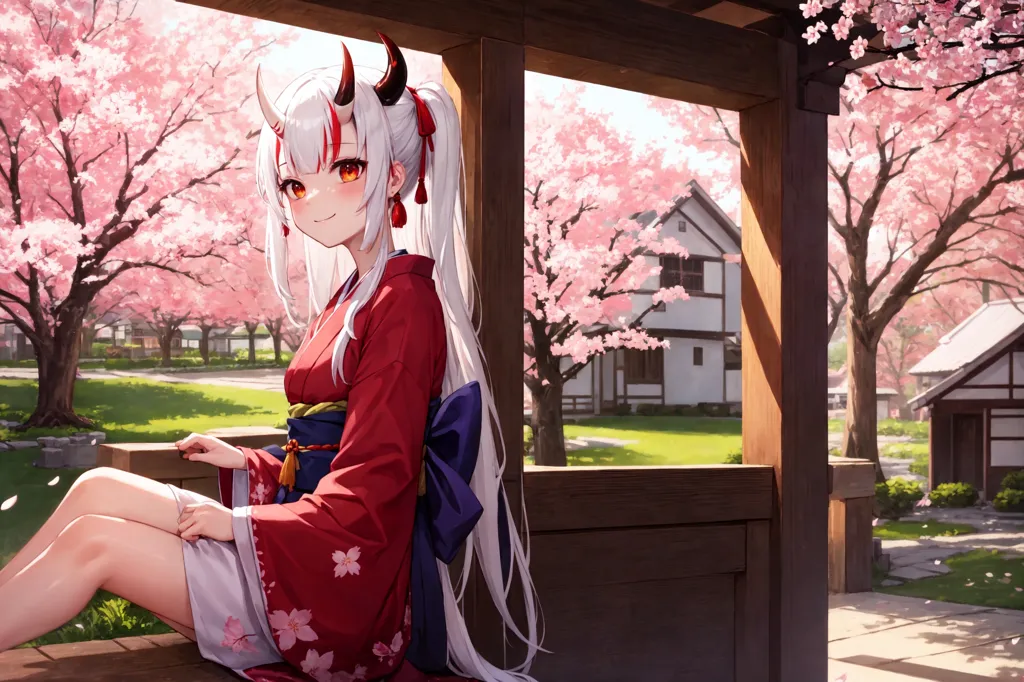 The image is of an anime girl with red and white hair, red eyes, and horns sitting on a porch. She is wearing a red kimono with white and pink flowers and a blue obi. The background is a Japanese garden with cherry blossoms. The girl is smiling and has her hand on her lap.