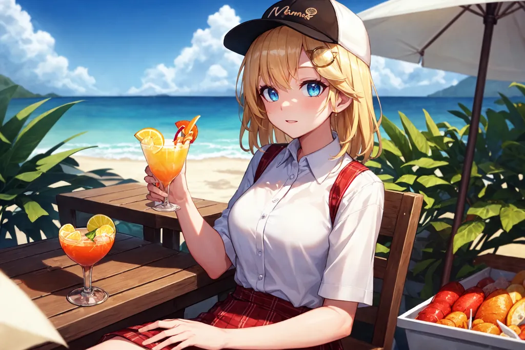 The image shows an anime girl with blonde hair and blue eyes. She is wearing a white shirt, a red and gray skirt, and a white hat with the word "Narma" on it. She is sitting at a table on a beach, drinking from a cocktail glass with an orange slice in it. There is another cocktail glass on the table with a lime slice in it. There is also a basket on the ground with fruit in it. The background of the image shows the ocean, with palm trees on the beach and green mountains in the distance.