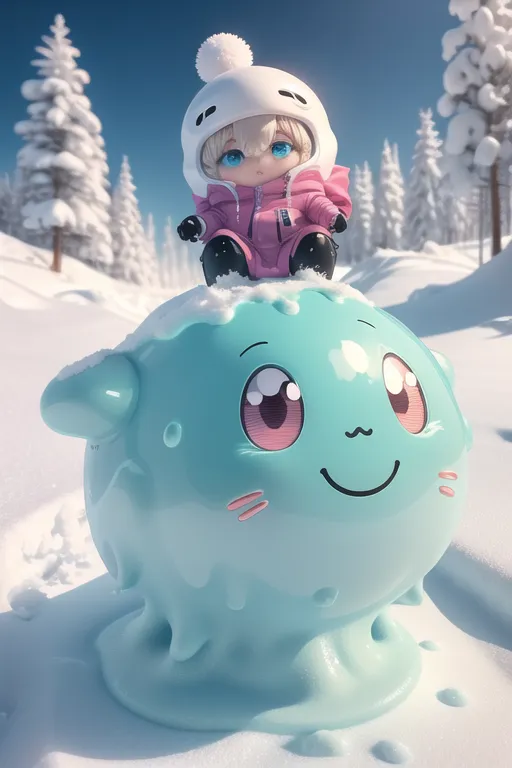 The image shows a cute anime girl sitting on a large blue and pink slime. The girl is wearing a white and pink snowsuit and a white hat with a pom-pom. She has big blue eyes and a happy expression on her face. The slime has a friendly face with a smile and two small eyes. The girl is sitting on the slime's back, and the slime is surrounded by snow. In the background, there are snow-covered trees and mountains. The image is very cute and has a happy, peaceful feeling to it.