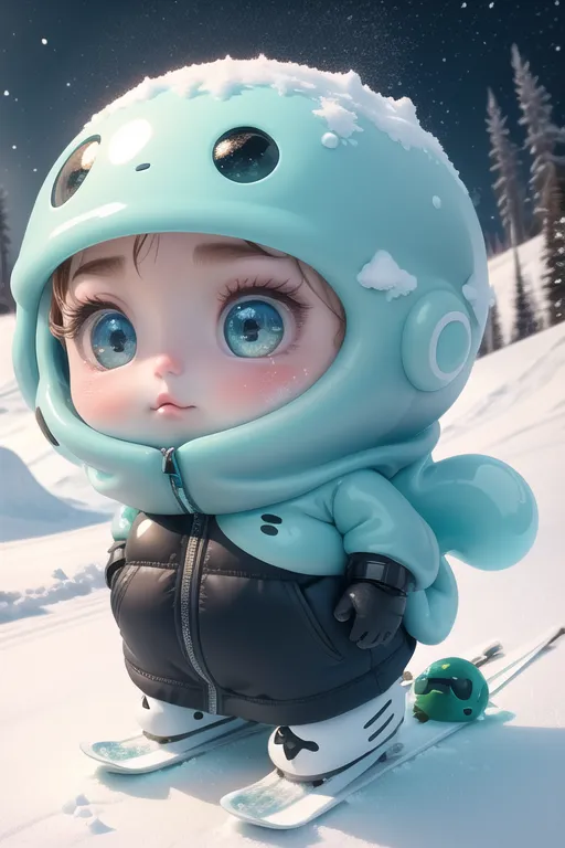 The image shows a cute little boy in a blue and black snowsuit. He is wearing a helmet and skis. The boy is standing on a snowy slope and looks like he is about to go skiing. He has big blue eyes and a pink blush on his cheeks. He is also wearing a green and black backpack. In the background, there are snow-covered trees and mountains. The image is very cute and detailed.