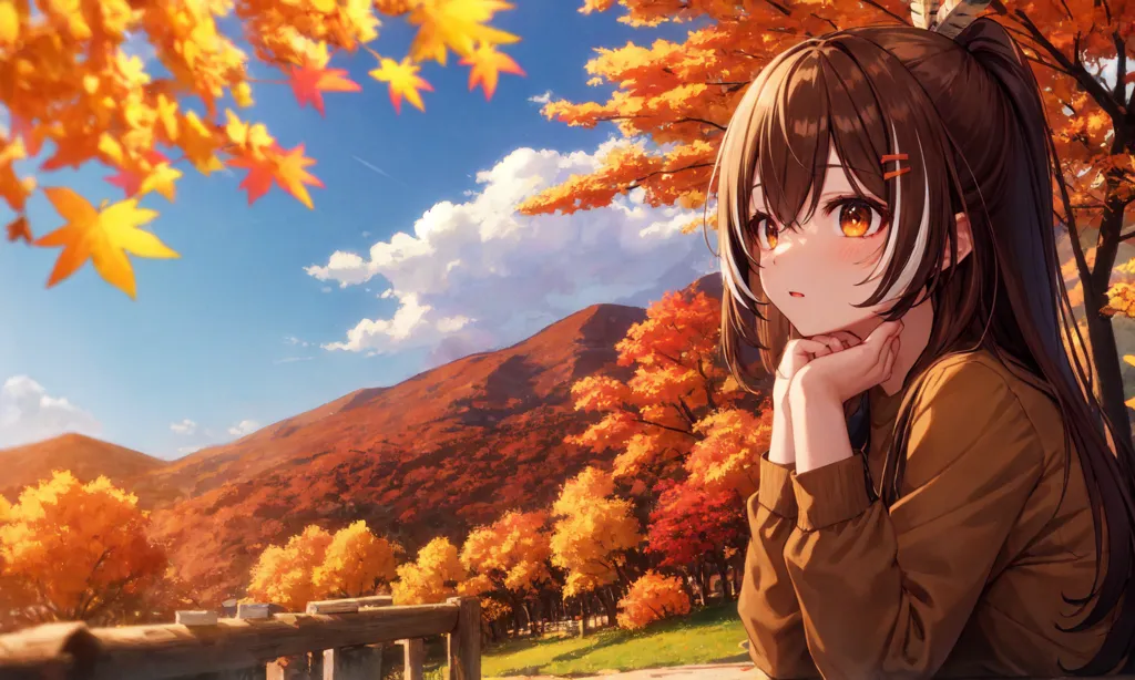 The image is of an anime girl with brown hair and orange eyes. She is wearing a brown jacket and is sitting on a bench in a park. The leaves on the trees in the park are turning red and orange, and there are mountains in the background. The sky is blue and there are some clouds in the sky. The girl is looking at the mountains.