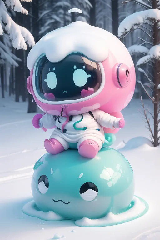 L'image représente un personnage de dessin animé mignon. C'est une petite créature ronde avec de grands yeux et un corps rose. Elle porte une combinaison spatiale blanche et rose avec un casque à bulle transparente. Elle est assise sur une grosse boule bleue. La boule a un visage avec deux yeux et une bouche. Elle porte également une combinaison spatiale. L'arrière-plan est une forêt enneigée. Il y a des arbres à l'arrière-plan et de la neige au sol. L'image est très mignonne et colorée.