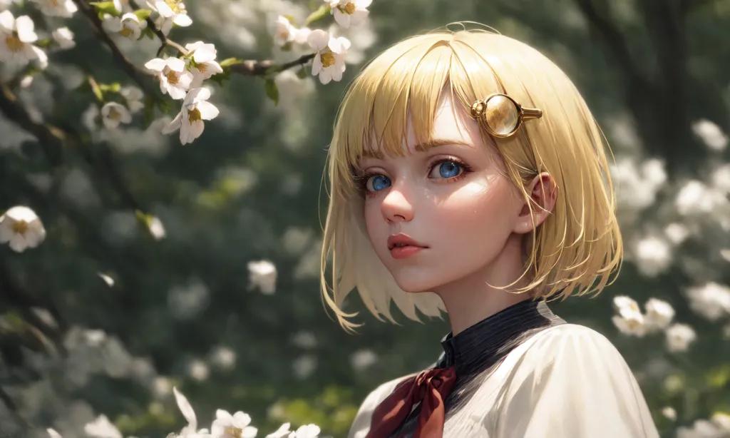 The image shows a beautiful young woman with short blonde hair and blue eyes. She is wearing a white blouse with a red ribbon and a brown skirt. She is standing in a forest of cherry blossoms. The trees are in full bloom and the woman is surrounded by white and pink flowers. The woman is looking at the camera with a gentle smile.