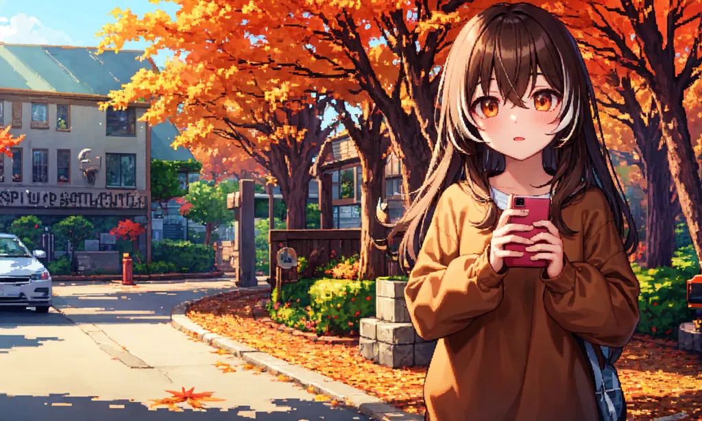 The image is a painting of a young girl standing in a park. The girl is wearing a brown sweater and has long brown hair. She is looking at her phone. The background is a park with a road, trees, and houses. The trees are in the fall season, and their leaves are turning yellow and orange. The image is warm and inviting, and it captures the beauty of the fall season.