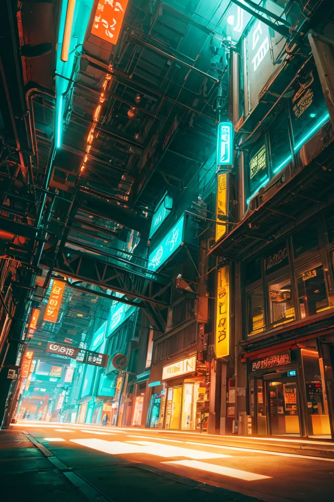 The image is a street scene in a cyberpunk city. It is night time and the street is lit by neon lights. There are tall buildings on either side of the street and a variety of shops and businesses. The street is crowded with people and there is a flying car in the background. The image is very detailed and captures the atmosphere of a cyberpunk city.