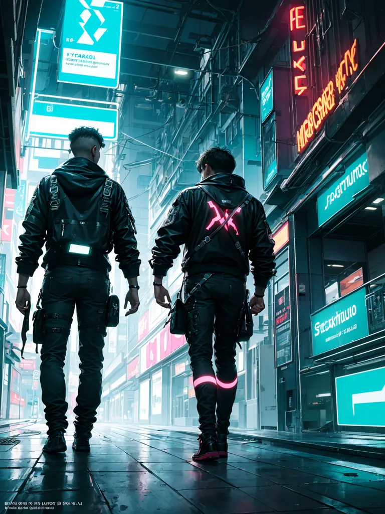 The image shows a dark and rainy street in a cyberpunk city. Two men are walking away from the camera. They are both wearing black leather jackets and pants. The man on the left has a green stripe on his jacket, and the man on the right has a red stripe. They are both wearing backpacks and carrying guns. The street is lit by neon lights and there are many people walking around. There are also a few cars flying in the air. The image is very detailed and captures the atmosphere of a cyberpunk city.