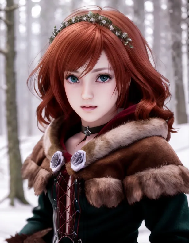 This image shows a young woman with long red hair and green eyes. She is wearing a green dress with a white camisole and a brown fur-lined cape. She is also wearing a necklace with a green pendant. The woman is standing in a snowy forest and looks like she is lost in thought.