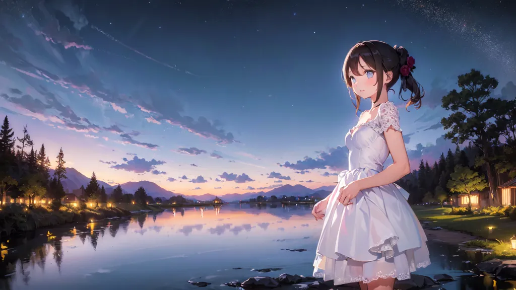 The image is a beautiful landscape with a lake, mountains, and a forest. The sky is a deep blue color, and the sun is setting over the mountains. There is a girl standing in the foreground of the image. She is wearing a white dress and has long brown hair. She is looking out at the lake. There are some trees and houses on the shore of the lake. The image is very peaceful and serene.