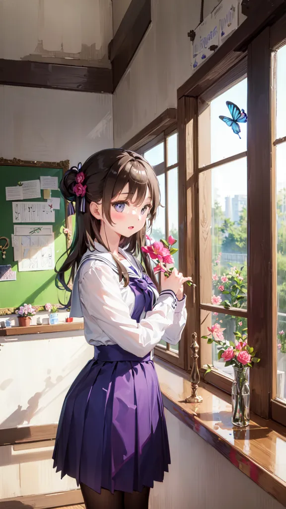 The image is of a young girl standing in a room, looking out the window. She is wearing a purple skirt, a white blouse, and a pink bow in her hair. The window is open, and there are flowers on the windowsill. A blue butterfly is flying in front of the window. The girl has her hands clasped in front of her, and she is looking at the butterfly with a gentle expression. The room is decorated with posters and drawings, and there is a vase of flowers on the table. The overall mood of the image is peaceful and serene.