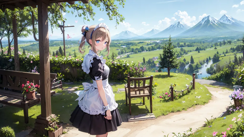 The image is a beautiful landscape of a mountain valley with a river running through it. There is a small village in the distance and a path leading to a house in the foreground. The house has a garden with a bench and some flowers. A young woman with blond hair and blue eyes is standing in the garden. She is wearing a black and white maid outfit.