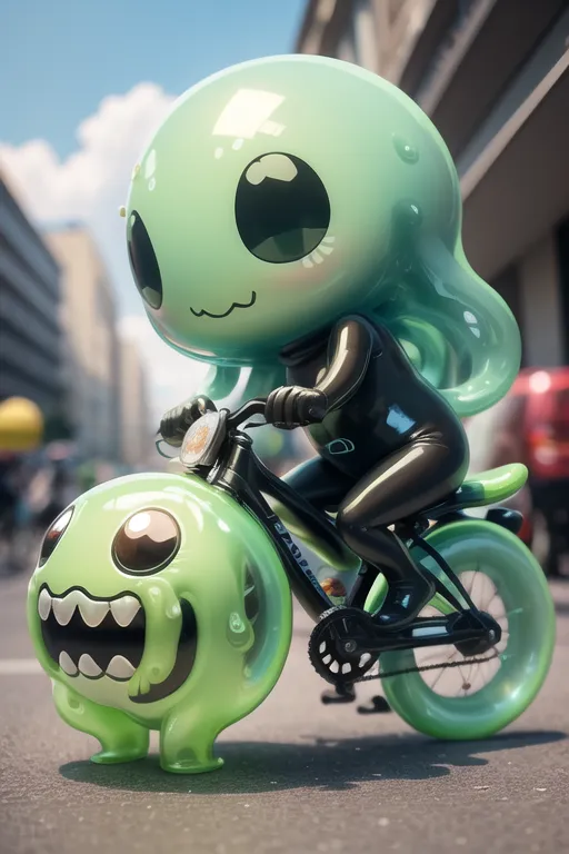 This is an image of a green alien riding a bicycle. The alien has a large head with big eyes and a small mouth. It is wearing a black suit with a green stripe down the side. The bicycle is black and green. The alien is riding down a city street with a big smile on its face. There are cars and buildings in the background.