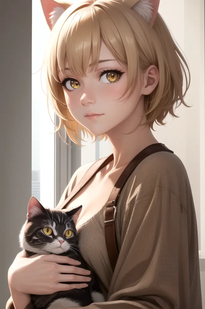 The image is a digital painting of a young woman with cat ears and a cat. The woman is sitting in front of a window. She has short blonde hair and yellow eyes. She is wearing a brown vest with suspenders and a white shirt. The cat is sitting on her lap. It is a black and white cat with green eyes. The woman is smiling at the cat. The painting is done in a realistic style.