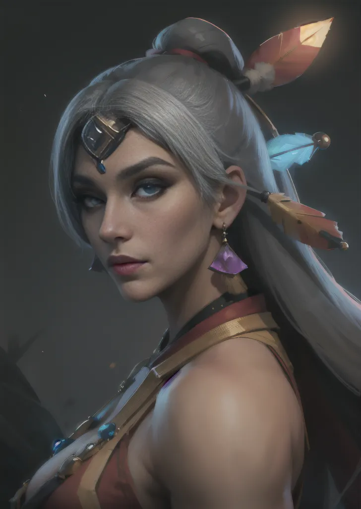 The image is a portrait of a beautiful woman with long silver hair and blue eyes. She is wearing a red and gold outfit and has a feather in her hair. She is also wearing a lot of jewelry, including a necklace, earrings, and a bracelet. The background is dark and out of focus.