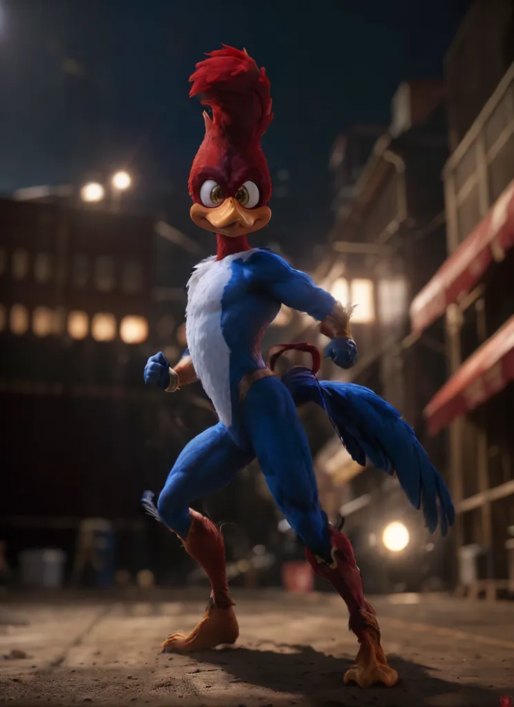 L'image montre Woody Woodpecker, un personnage de dessin animé, dans un costume de super-héros. Il se tient dans une rue sombre de la ville, prêt à combattre le crime. Il porte un costume bleu et rouge et a une cape rouge. Sa tête est toujours celle d'un pic, avec un long bec et une crête rouge.