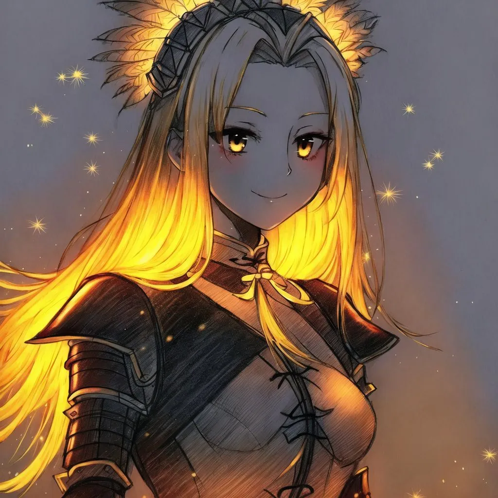 The image shows a young woman with long, flowing golden hair and golden eyes. She is wearing a suit of armor and has a confident smile on her face. She is standing in front of a dark background with a few stars scattered around her. The light from the stars is reflecting off of her armor and hair, making her look even more radiant. She is also wearing a circlet of leaves on her head.