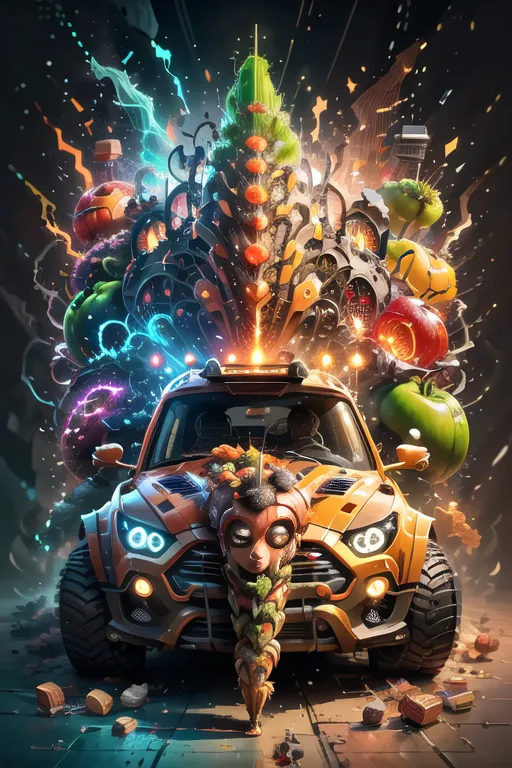 The image shows a cartoon car with a girl standing in front of it. The car is orange and black and has a large engine. The girl is wearing a green shirt and brown pants. She has a carrot in her hair and a determined look on her face. The car is surrounded by an explosion of vegetables and other food items. The background is a blur of color and light. The image is full of energy and excitement. It seems like the girl is on an adventure and is about to take off in her car.