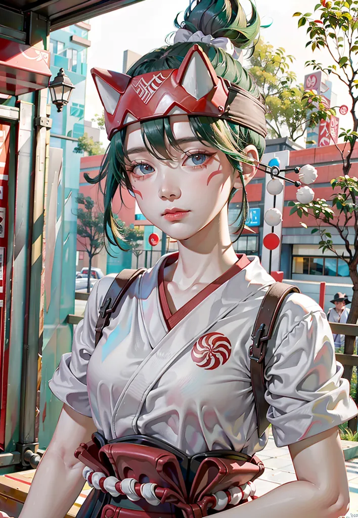 The image is a portrait of a young woman with green hair and blue eyes. She is wearing a white shirt, a red and white headband with cat ears, and a brown belt with a red circle on it. She is also wearing a white and red necklace. She is standing in front of a busy street with cars and buildings in the background.