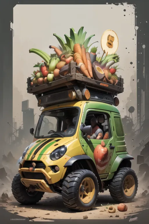 The image shows a post-apocalyptic vehicle with a yellow body and green accents. The vehicle is covered in various fruits and vegetables, including carrots, lettuce, tomatoes, and bananas. There is also a crate on the roof of the vehicle that is filled with even more fruits and vegetables. The vehicle is being driven by a small creature with a green face and large eyes. The creature is wearing a hat made of leaves. The vehicle is driving through a barren wasteland. The sky is grey and the ground is covered in rubble. There are no other signs of life in the image.