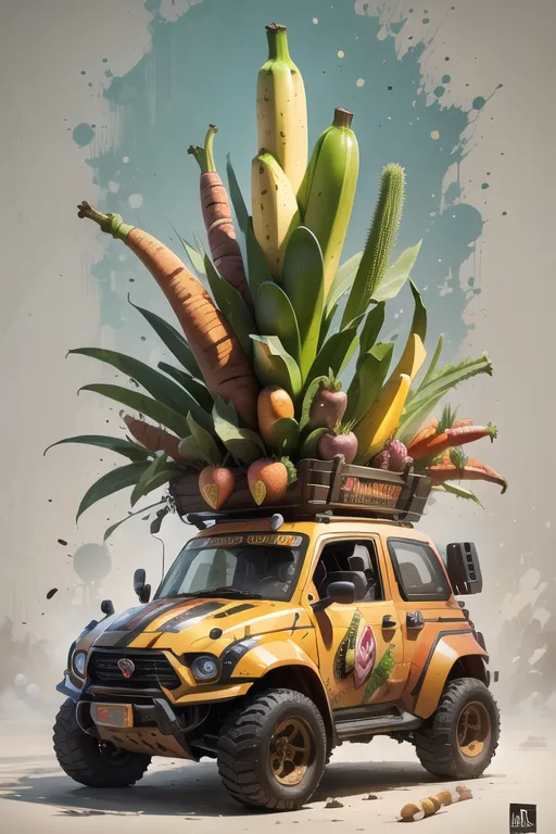 A imagem mostra um veículo off-road amarelo com uma grande quantidade de frutas e vegetais em seu teto. O veículo está em uma área arenosa e o céu está nublado. O veículo tem um para-choque branco e rodas pretas. As frutas e vegetais estão arranjados de forma desordenada e alguns deles estão se derramando do cesto. A imagem é caprichosa e dá a impressão de que o veículo está a caminho de um mercado ou festival.