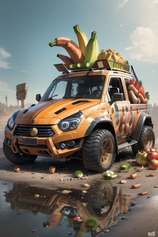 The image shows a post-apocalyptic vehicle. It is a yellow truck with a large basket on the roof. The basket is filled with fruits and vegetables. The truck also has a sign on the front that says "Fresh Food". The truck is parked in a junkyard. There is a large puddle of water in front of the truck. The water is reflecting the truck and the sky. The sky is blue and there are some clouds in the distance.