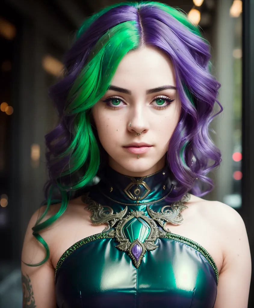 La imagen muestra a una mujer joven con el cabello verde y morado. Las secciones verde y morada de su cabello están divididas a lo largo de la mitad de su cabeza. Tiene ojos verdes y un piercing en la nariz. Lleva una blusa metálica verde tipo halter con un collar de color bronce. También lleva un color de labios oscuro.