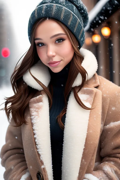 L'image montre une jeune femme portant un manteau en fourrure brune avec un col en fourrure blanche. Elle porte également un bonnet de laine vert et brun rayé. La femme a de longs cheveux bruns et des yeux bruns. Elle sourit et regarde l'appareil photo. Il semble y avoir de légères chutes de neige. Il y a des lumières de ville floues en arrière-plan.